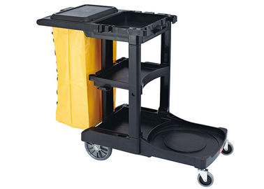 Đen nhựa làm sạch giỏ hàng với 3 kệ và túi vinyl màu vàng 4 '' không đánh dấu bánh và 8 "bánh sau